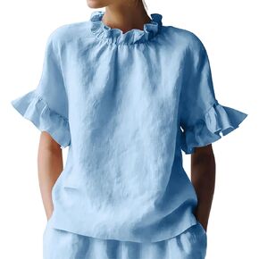 Women's Frill Neck Flutter Sleeve Top Cotton Linen Casual Loose Summer Blouse Lightweight Solid Flowy Elegant Tunic Shirt in Kuwait