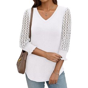 TICTICMIMI Womens Lace 3/4 Sleeve Tunic Tops Dressy V Neck Smocked Ruffle Cuff Blouses Casual Curved Hem Shirts Trendy 2026 in Saudi Arabia