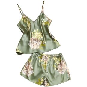 Ladies' Elegant Two-Piece Set of Emerald Printed V-Neck Pajamas, Including Matching Shorts and Tops in Kuwait