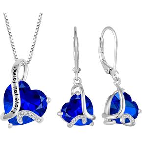 Heart September Birthstone Sapphire Jewelry Set - "I Love You Forever" Engraved Blue Pendant Necklace & Drop Earrings Hypoallergenic Jewelry for Women, Valentine's Day Birthday Mother's Day in Saudi Arabia
