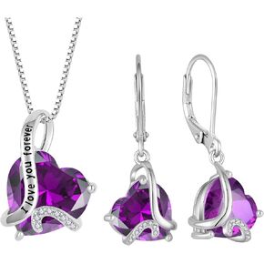 Heart February Birthstone Amethyst Jewelry Set - "I Love You Forever" Engraved Purple Pendant Necklace & Drop Earrings Hypoallergenic Jewelry for Women Valentine's Day Birthday Mother's Day in Saudi Arabia