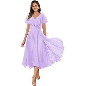 Tea Length Mother of the Bride Dresses for Wedding Cape Sleeve Applique V Neck Chiffon Formal Dress in Saudi Arabia