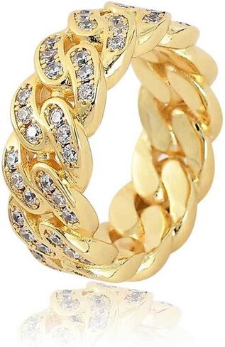 Solid Gold over S925 Sterling Silver 8mm Cuban Link Moissanite Ring for Men, Classic Unisex Hip Hop Jewelry and Stackable Band, Gift for Him and Everyday Ring in Saudi Arabia