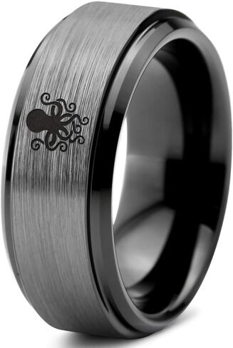Octopus Squid Sea Creature Ring - Tungsten Band 8mm - Men - Women - 18k Rose Gold Step Bevel Edge - Yellow - Grey - Blue - Black - Brushed - Polished - Wedding - Gift Dome Flat in Saudi Arabia