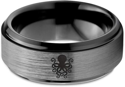Octopus Squid Sea Creature Ring - Tungsten Band 8mm - Men - Women - 18k Rose Gold Step Bevel Edge - Yellow - Grey - Blue - Black - Brushed - Polished - Wedding - Gift Dome Flat in Saudi Arabia