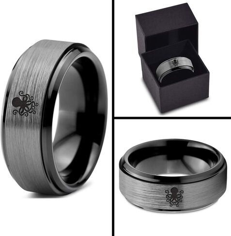 Octopus Squid Sea Creature Ring - Tungsten Band 8mm - Men - Women - 18k Rose Gold Step Bevel Edge - Yellow - Grey - Blue - Black - Brushed - Polished - Wedding - Gift Dome Flat in Saudi Arabia