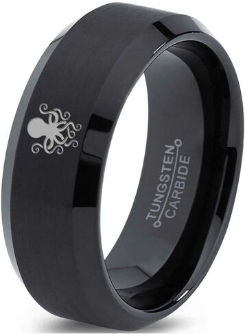Octopus Squid Sea Creature Ring - Tungsten Band 8mm - Men - Women - 18k Rose Gold Step Bevel Edge - Yellow - Grey - Blue - Black - Brushed - Polished - Wedding - Gift Dome Flat in Saudi Arabia