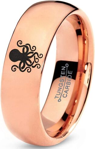 Octopus Squid Sea Creature Ring - Tungsten Band 8mm - Men - Women - 18k Rose Gold Step Bevel Edge - Yellow - Grey - Blue - Black - Brushed - Polished - Wedding - Gift Dome Flat in Saudi Arabia
