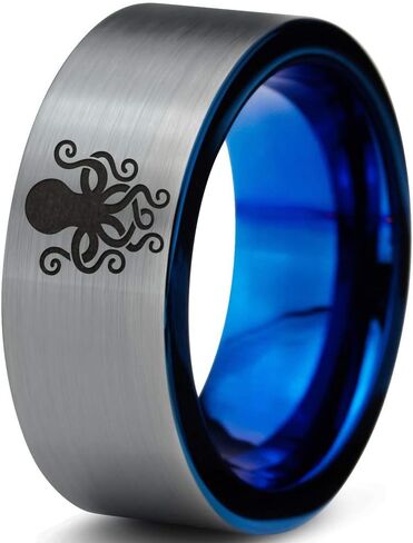 Octopus Squid Sea Creature Ring - Tungsten Band 8mm - Men - Women - 18k Rose Gold Step Bevel Edge - Yellow - Grey - Blue - Black - Brushed - Polished - Wedding - Gift Dome Flat in Saudi Arabia