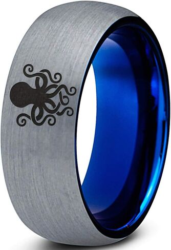 Octopus Squid Sea Creature Ring - Tungsten Band 8mm - Men - Women - 18k Rose Gold Step Bevel Edge - Yellow - Grey - Blue - Black - Brushed - Polished - Wedding - Gift Dome Flat in Saudi Arabia