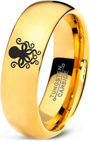 Octopus Squid Sea Creature Ring - Tungsten Band 8mm - Men - Women - 18k Rose Gold Step Bevel Edge - Yellow - Grey - Blue - Black - Brushed - Polished - Wedding - Gift Dome Flat in Saudi Arabia