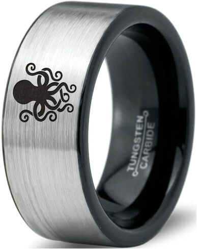Octopus Squid Sea Creature Ring - Tungsten Band 8mm - Men - Women - 18k Rose Gold Step Bevel Edge - Yellow - Grey - Blue - Black - Brushed - Polished - Wedding - Gift Dome Flat in Saudi Arabia