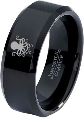 Octopus Squid Sea Creature Ring - Tungsten Band 8mm - Men - Women - 18k Rose Gold Step Bevel Edge - Yellow - Grey - Blue - Black - Brushed - Polished - Wedding - Gift Dome Flat in Saudi Arabia