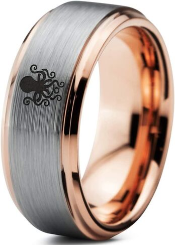 Octopus Squid Sea Creature Ring - Tungsten Band 8mm - Men - Women - 18k Rose Gold Step Bevel Edge - Yellow - Grey - Blue - Black - Brushed - Polished - Wedding - Gift Dome Flat in Saudi Arabia