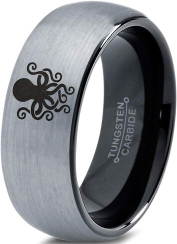 Octopus Squid Sea Creature Ring - Tungsten Band 8mm - Men - Women - 18k Rose Gold Step Bevel Edge - Yellow - Grey - Blue - Black - Brushed - Polished - Wedding - Gift Dome Flat in Saudi Arabia