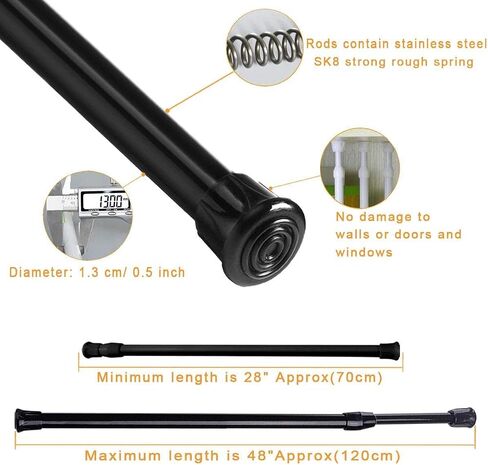 Blu-Pier Tech Spring Tension Rods, 2 Pack Adjustable Spring Steel Cupboard Bars Tension Curtain Rod Extendable Width 18"-28" inches,Black in Saudi Arabia