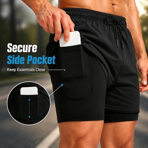 Men's 2 in 1 Athletic Running Shorts Quick Dry Workout Gym Training Shorts with Compression Liner in Kuwait