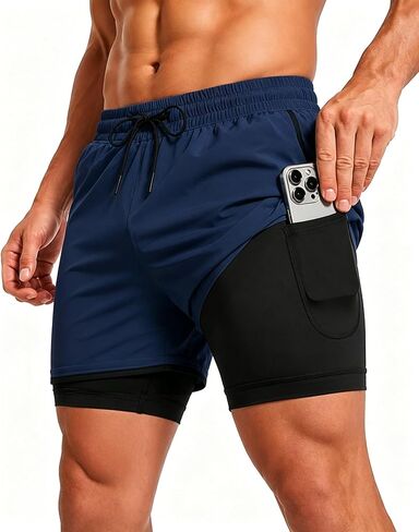 Men's 2 in 1 Athletic Running Shorts Quick Dry Workout Gym Training Shorts with Compression Liner in Kuwait