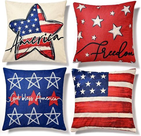 Hongsome Patriotic Decor-Throw Pillow Covers 18x18 in Set of 4,4th of July Linen Pillow Case for Independence Day,Memorial Day,Veteran's Day,USA,American Summer Outdoor Red White Blue Decorations in Saudi Arabia