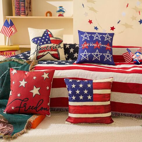 Hongsome Patriotic Decor-Throw Pillow Covers 18x18 in Set of 4,4th of July Linen Pillow Case for Independence Day,Memorial Day,Veteran's Day,USA,American Summer Outdoor Red White Blue Decorations in Saudi Arabia