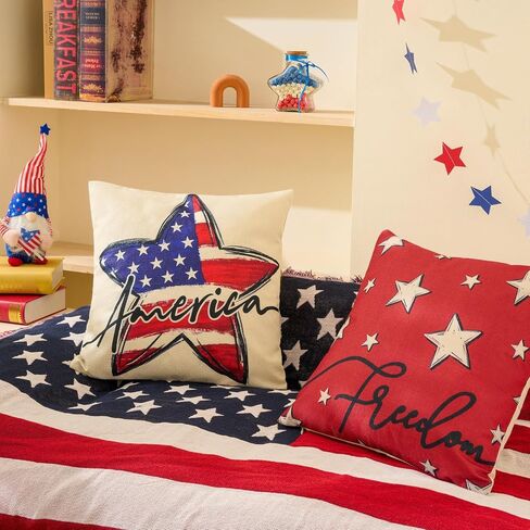 Hongsome Patriotic Decor-Throw Pillow Covers 18x18 in Set of 4,4th of July Linen Pillow Case for Independence Day,Memorial Day,Veteran's Day,USA,American Summer Outdoor Red White Blue Decorations in Saudi Arabia