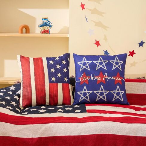 Hongsome Patriotic Decor-Throw Pillow Covers 18x18 in Set of 4,4th of July Linen Pillow Case for Independence Day,Memorial Day,Veteran's Day,USA,American Summer Outdoor Red White Blue Decorations in Saudi Arabia