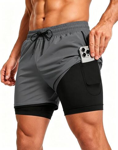 Men's 2 in 1 Athletic Running Shorts Quick Dry Workout Gym Training Shorts with Compression Liner in Kuwait