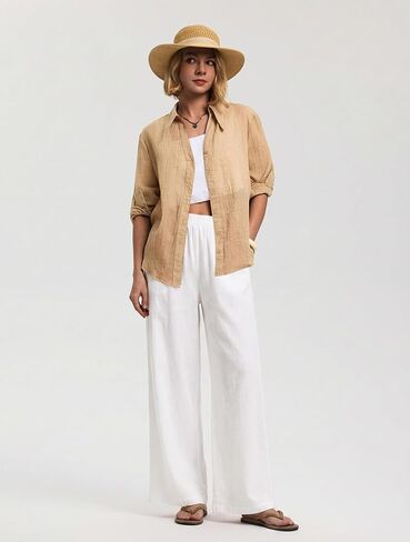 LOMON Cotton Linen Pants Women Wide Leg Palazzo Pants Beach Vacation Outfits Summer 2026 Flowy Clothes Trousers with Pockets in Kuwait