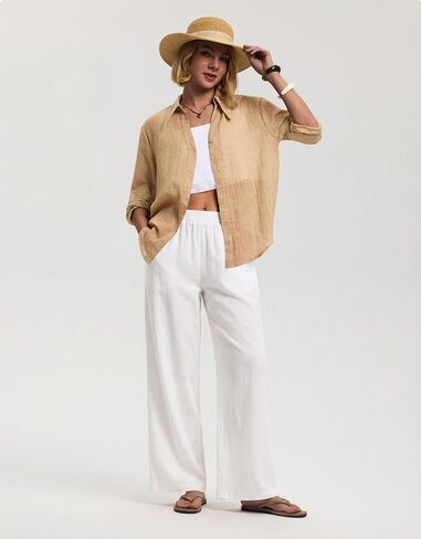 LOMON Cotton Linen Pants Women Wide Leg Palazzo Pants Beach Vacation Outfits Summer 2026 Flowy Clothes Trousers with Pockets in Kuwait