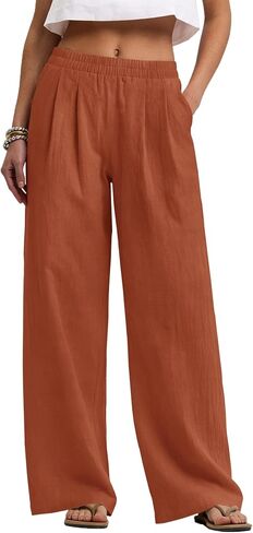 LOMON Cotton Linen Pants Women Wide Leg Palazzo Pants Beach Vacation Outfits Summer 2026 Flowy Clothes Trousers with Pockets in Kuwait