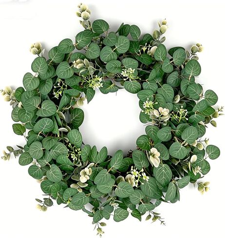 25 Inch Artificial Eucalyptus Wreath for Front Door - Faux Greenery Farmhouse Summer Wreath with White Buds for Indoor Outdoor Wall Window Year-Round Decor in Saudi Arabia