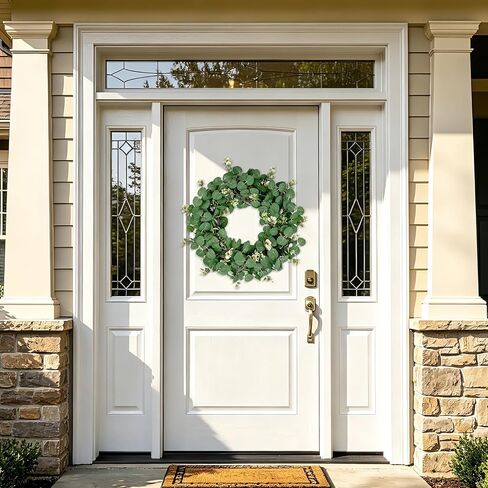 25 Inch Artificial Eucalyptus Wreath for Front Door - Faux Greenery Farmhouse Summer Wreath with White Buds for Indoor Outdoor Wall Window Year-Round Decor in Saudi Arabia