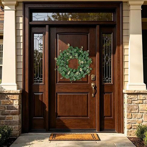 25 Inch Artificial Eucalyptus Wreath for Front Door - Faux Greenery Farmhouse Summer Wreath with White Buds for Indoor Outdoor Wall Window Year-Round Decor in Saudi Arabia