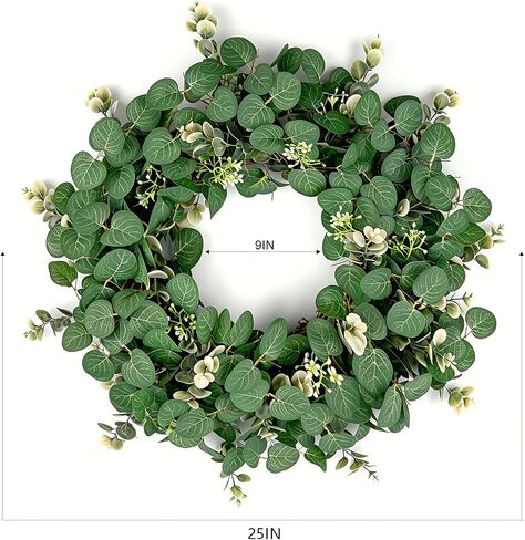 25 Inch Artificial Eucalyptus Wreath for Front Door - Faux Greenery Farmhouse Summer Wreath with White Buds for Indoor Outdoor Wall Window Year-Round Decor in Saudi Arabia