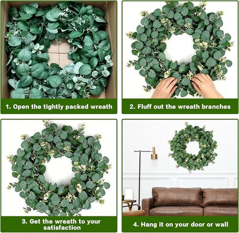25 Inch Artificial Eucalyptus Wreath for Front Door - Faux Greenery Farmhouse Summer Wreath with White Buds for Indoor Outdoor Wall Window Year-Round Decor in Saudi Arabia