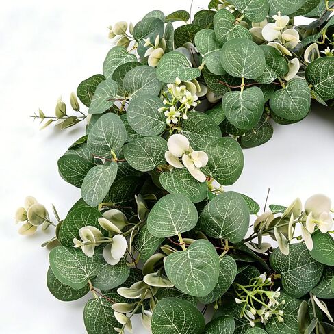 25 Inch Artificial Eucalyptus Wreath for Front Door - Faux Greenery Farmhouse Summer Wreath with White Buds for Indoor Outdoor Wall Window Year-Round Decor in Saudi Arabia