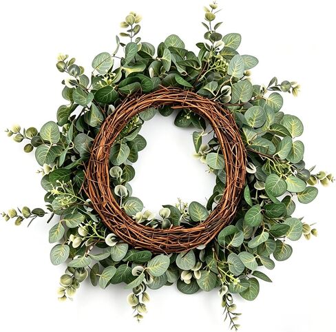 25 Inch Artificial Eucalyptus Wreath for Front Door - Faux Greenery Farmhouse Summer Wreath with White Buds for Indoor Outdoor Wall Window Year-Round Decor in Saudi Arabia