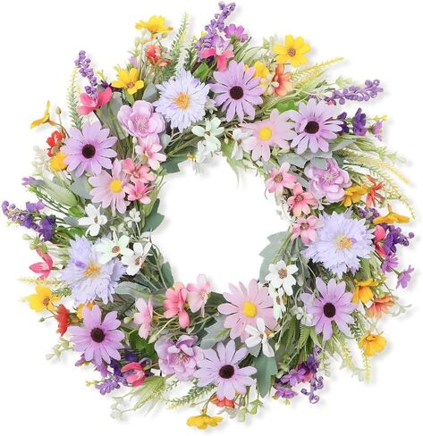 Summer Wreath for Front Door Purple Farmhouse Summer Door Wreath with Wildflower Lavender Daisy Wreaths for Wall Porch Indoor Outdoor Window Home Decorations in Saudi Arabia