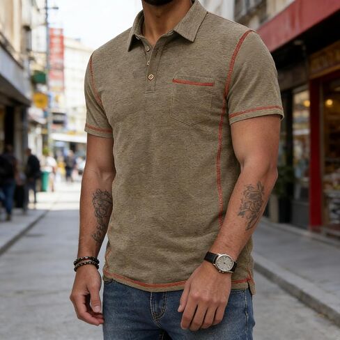 Men's Polo Shirts Casual Short Sleeve Summer Tops Button Basic Fashion Work Golf Shirt with Pocket in Kuwait