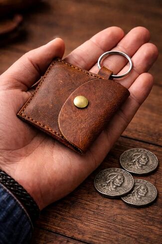 Genuine Calf Leather Keychain Coin Pouch with Snap-Button Closure – Compact Vintage-Style Change Holder for Everyday Carry in Kuwait