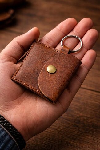 Genuine Calf Leather Keychain Coin Pouch with Snap-Button Closure – Compact Vintage-Style Change Holder for Everyday Carry in Kuwait