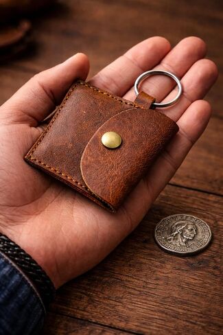 Genuine Calf Leather Keychain Coin Pouch with Snap-Button Closure – Compact Vintage-Style Change Holder for Everyday Carry in Kuwait