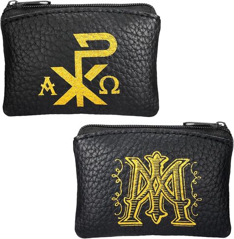 Konohan Maria and Chi Rho Cross Rosary Pouch Catholic, Rosary Case Velvet Lining PU Leather Pouches with Zipper for Travel, Holy Bead Pouch, Religious Gift and Catholic Accessory(Black) in Kuwait