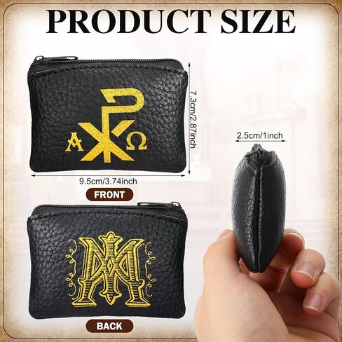 Konohan Maria and Chi Rho Cross Rosary Pouch Catholic, Rosary Case Velvet Lining PU Leather Pouches with Zipper for Travel, Holy Bead Pouch, Religious Gift and Catholic Accessory(Black) in Kuwait