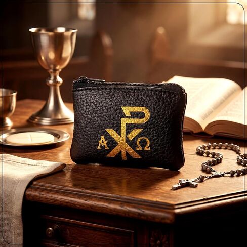 Konohan Maria and Chi Rho Cross Rosary Pouch Catholic, Rosary Case Velvet Lining PU Leather Pouches with Zipper for Travel, Holy Bead Pouch, Religious Gift and Catholic Accessory(Black) in Kuwait