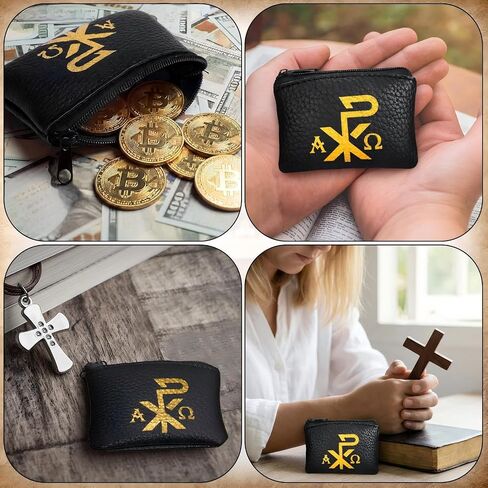 Konohan Maria and Chi Rho Cross Rosary Pouch Catholic, Rosary Case Velvet Lining PU Leather Pouches with Zipper for Travel, Holy Bead Pouch, Religious Gift and Catholic Accessory(Black) in Kuwait