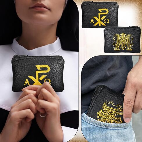 Konohan Maria and Chi Rho Cross Rosary Pouch Catholic, Rosary Case Velvet Lining PU Leather Pouches with Zipper for Travel, Holy Bead Pouch, Religious Gift and Catholic Accessory(Black) in Kuwait