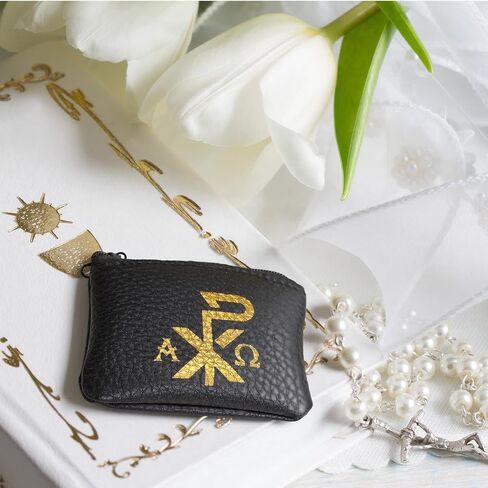 Konohan Maria and Chi Rho Cross Rosary Pouch Catholic, Rosary Case Velvet Lining PU Leather Pouches with Zipper for Travel, Holy Bead Pouch, Religious Gift and Catholic Accessory(Black) in Kuwait