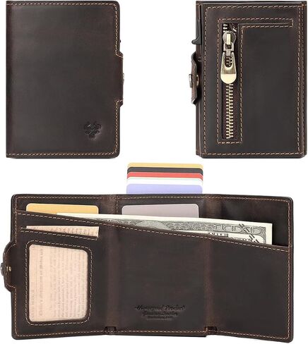 Womens Slim Minimalist Wallet Card Holder with Coin Pocket, Cash Slot, Magnetic Closure, Pop Up Aluminum Case, ID Window, Leather Wallet, RFID Blocking,6-10 Card Capacity in Kuwait