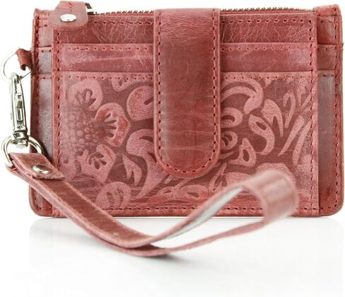 American Bison Women’s Leather Wristlet Wallet – Floral Embossed Card Holder with Zipper Pocket, ID Window & Snap Closure (Brown) in Saudi Arabia